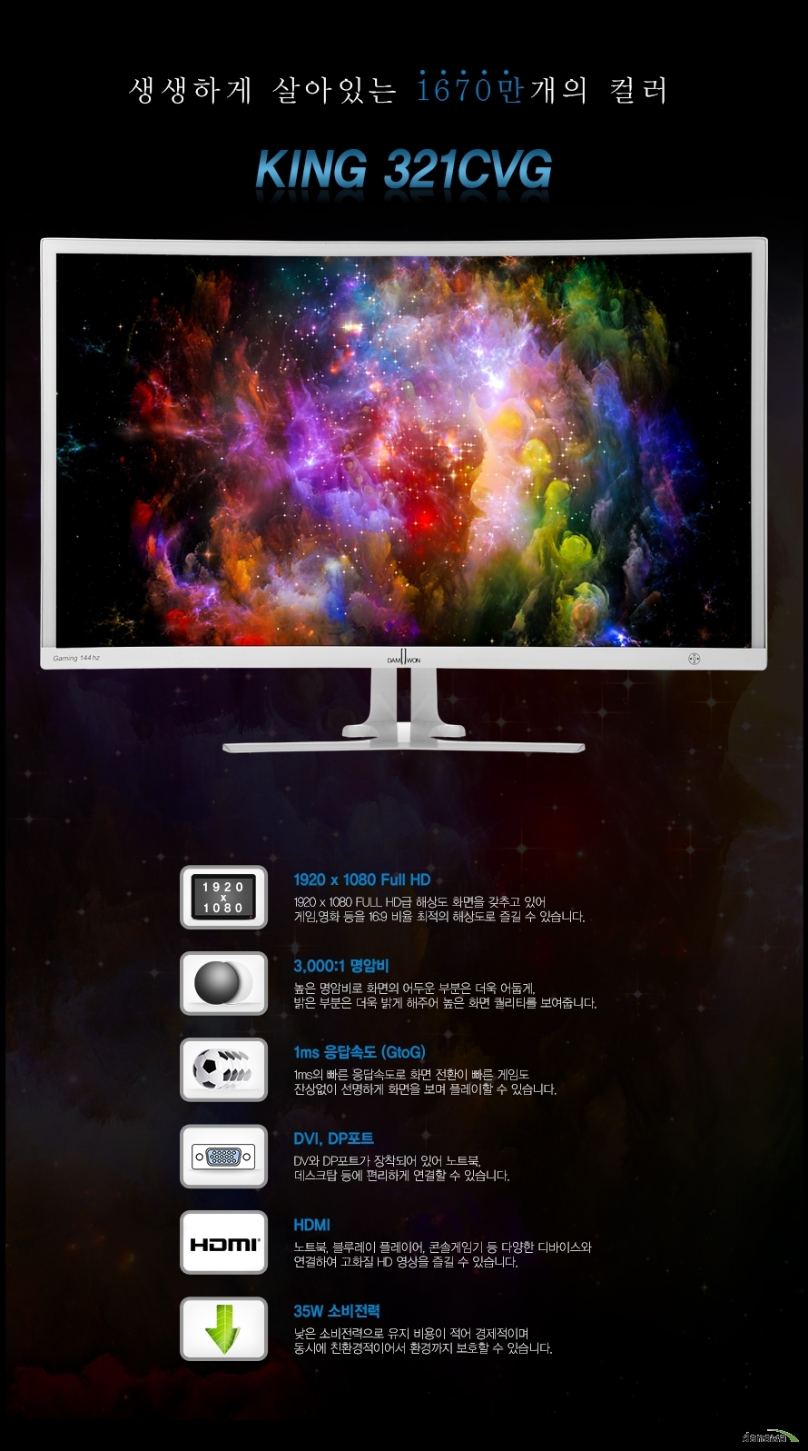 »ý»ýÇÏ°Ô »ì¾ÆÀÖ´Â 1070¸¸°³ÀÇ Ä÷¯ 1920 x 1080 Full HD 1920 x 1080 FULL HD±Þ ÇØ»óµµ ȸéÀ» °®Ãß°í ÀÖ¾î °ÔÀÓ,¿µÈ µîÀ» 16:9 ºñÀ² ÃÖÀûÀÇ ÇØ»óµµ·Î Áñ±æ ¼ö ÀÖ½À´Ï´Ù. 3,000:1 ¸í¾Ïºñ ³ôÀº ¸í¾Ïºñ·Î ȸéÀÇ ¾îµÎ¿î ºÎºÐÀº ´õ¿í ¾îµÓ°Ô, ¹àÀº ºÎºÐÀº ´õ¿í ¹à°Ô ÇØÁÖ¾î ³ôÀº ȸé Ä÷¸®Æ¼¸¦ º¸¿©ÁÝ´Ï´Ù. 1ms ÀÀ´ä¼Óµµ (GtoG) 1msÀÇ ºü¸¥ ÀÀ´ä¼Óµµ·Î ȸé ÀüȯÀÌ ºü¸¥ °ÔÀÓµµ ÀÜ»ó¾øÀÌ ¼±¸íÇÏ°Ô È¸éÀ» º¸¸ç Ç÷¹ÀÌÇÒ ¼ö ÀÖ½À´Ï´Ù. DVI, DPÆ÷Æ® DV¿Í DPÆ÷Æ®°¡ ÀåÂøµÇ¾î ÀÖ¾î ³ëÆ®ºÏ, µ¥½ºÅ©Å¾ µî¿¡ Æí¸®ÇÏ°Ô ¿¬°áÇÒ ¼ö ÀÖ½À´Ï´Ù. HDMI ³ëÆ®ºÏ, ºí·ç·¹ÀÌ Ç÷¹À̾î, ÄְܼÔÀÓ±â µî ´Ù¾çÇÑ µð¹ÙÀ̽º¿Í ¿¬°áÇÏ¿© °íÈÁú HD ¿µ»óÀ» Áñ±æ ¼ö ÀÖ½À´Ï´Ù. 35W ¼ÒºñÀü·Â ³·Àº ¼ÒºñÀü·ÂÀ¸·Î À¯Áö ºñ¿ëÀÌ Àû¾î °æÁ¦ÀûÀÌ¸ç µ¿½Ã¿¡ ģȯ°æÀûÀÌ¾î¼ È¯°æ±îÁö º¸È£ÇÒ ¼ö ÀÖ½À´Ï´Ù.